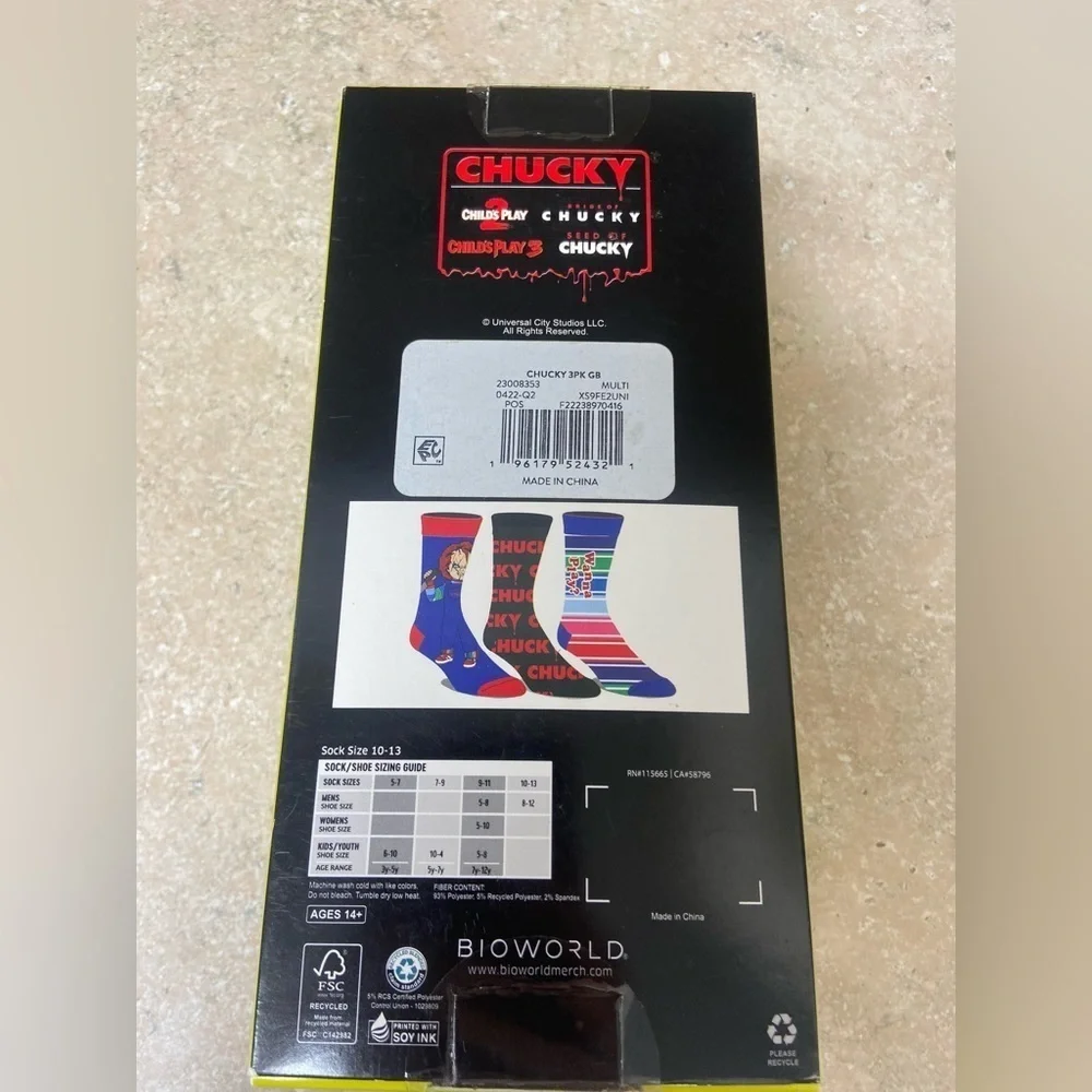 Child’s Play Chucky Sock Set 3 Pack Good Guy New In Box Crew Socks